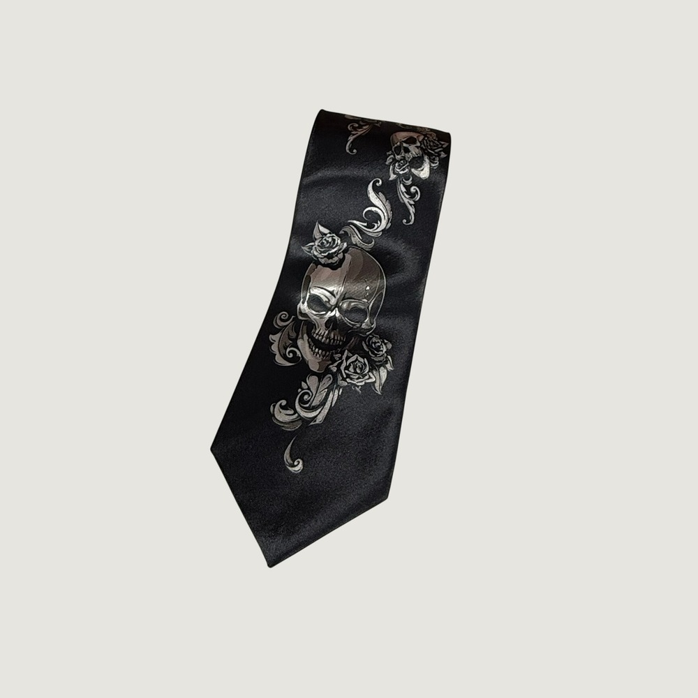 Mens Black Skull and Roses Gothic Satin Necktie Silver Filigree Floral Tie